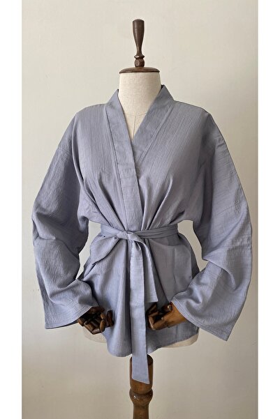 Glowear Atelier Gri Bürümcük Kumaş Tasarım Kuşaklı Kimono