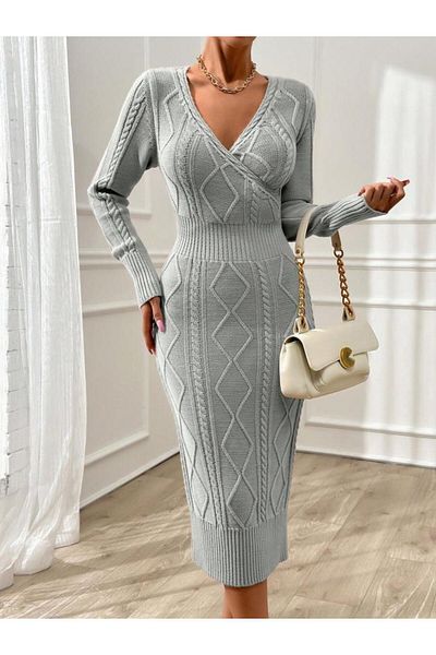 modamtn Women's Long Sleeve Double Breasted Collar Knitwear Midi Dress