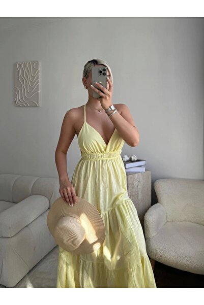 Zora Butik Askılı Sırt Çapraz Salaş Elbise - SARI