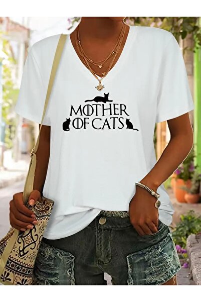 FUFLUNS تي شيرت نسائي كبير الحجم برقبة على شكل حرف V مطبوع عليه MOTHER OF CATS