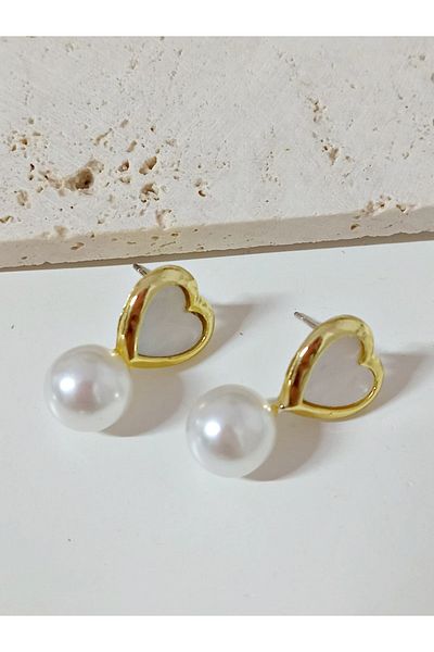mos&more Small Women's Earrings with Gold Heart Pearl