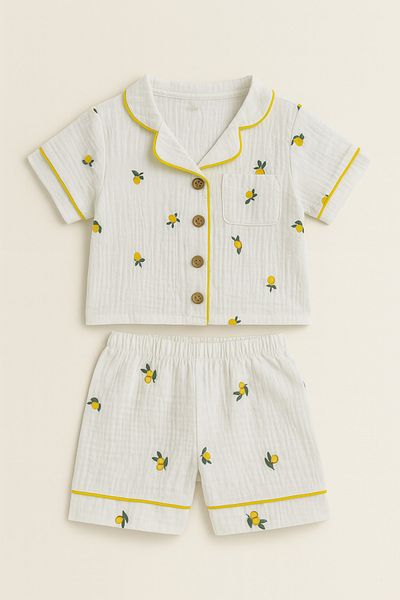 greenmoss Lemon Patterned Muslin Children's Pajama Set