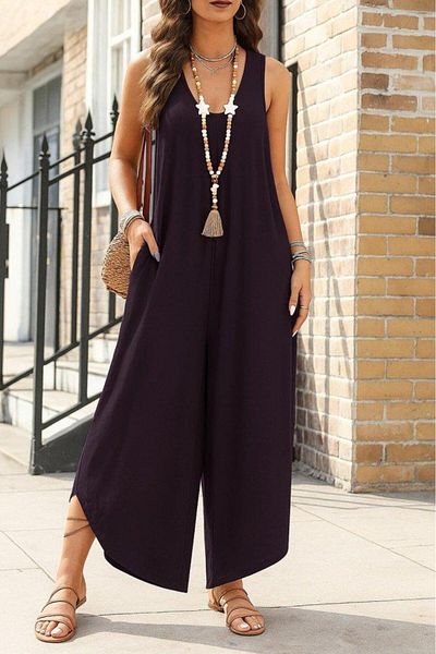 modamtn Women's Strap Round Neck Pocket Casual Long Viscose Jumpsuit