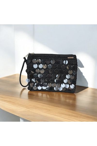 RELYA Women's Black Sequin Zippered Handbag Width 24 cm Length 18 cm Depth 1 cm