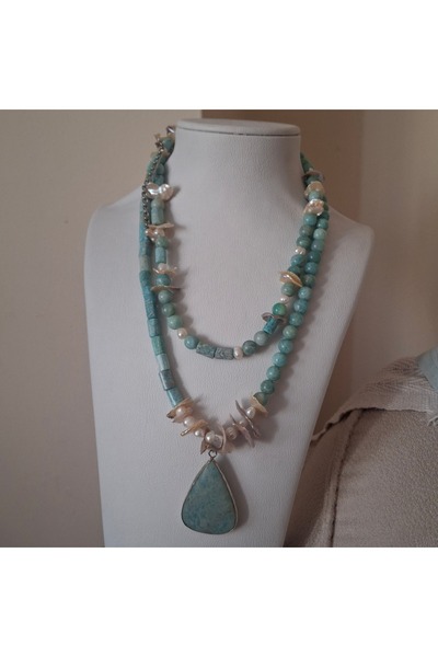 azra takı tasarım Amazonite Natural Stone ,, Pearl, Turquoise Short Women's Necklace
