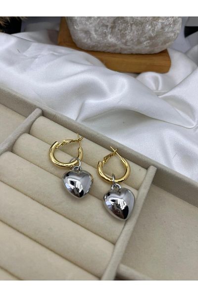Yıldız Accessory Gold Color Hoop Steel Earrings with Silver Heart Detail
