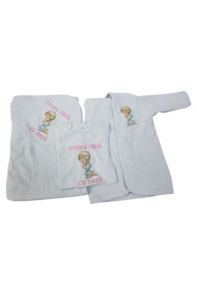 OEM Set pentru prima baita cu nasii 3-6 luni, Halat, Prosop si body, Alb, Model Inger