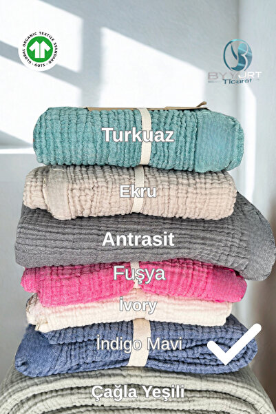 TruyTowel Püsküllü Müslin TV Battaniyesi İNDİGO MAVİ