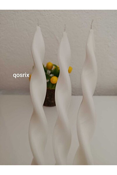 qosrix 3'lü Beyaz Burgulu Şamdan Soya Mumu Doğal Kokulu Uzun Çubuk Konik Burg...
