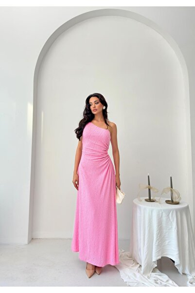 Serica Moda Pink One Shoulder Lace Textured Window Detail Dress