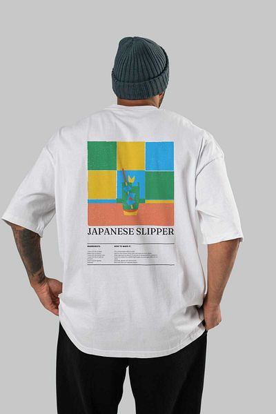 Ankhises Japanese Slipper Cocktail Back Printed Oversize T-Shirt Men Women Cotton Crewneck Tshirt