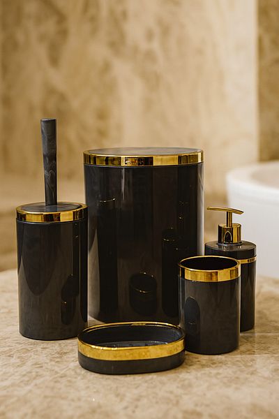 MAKRİ HOME 5 Piece Acrylic Bathroom Set, Stylish and High Quality Acrylic, Gold Color Detail, Gray Marble Pattern
