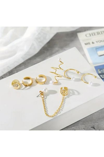 Accessories Hei Golden Yellow Pearl Detailed Set of 6 Daily Use Women's Earrings Set