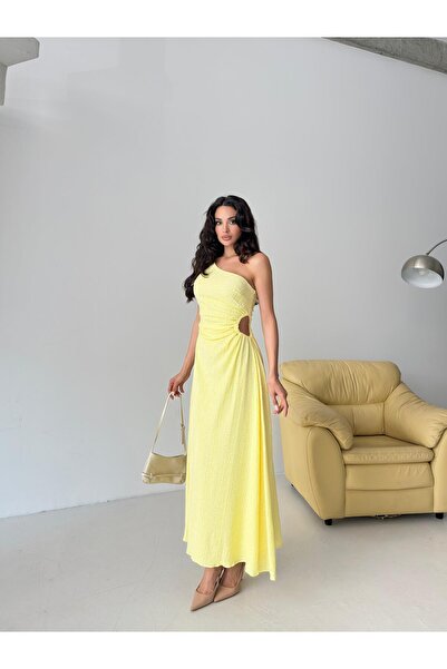 Serica Moda Sarı Tek Omuz Dantel Dokulu Pencere Detaylı Elbise
