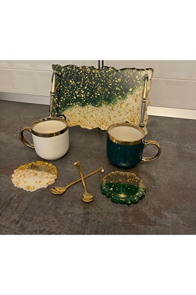 SART Creative Epoxy Serving Tray Set with Cups, Stand and Spoons - 30x18 Cm