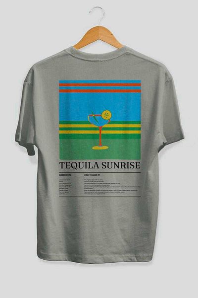 Ankhises Tequila Sunrise Cocktail Back Printed Oversize T-Shirt Men Women Cotton Crewneck Tshirt