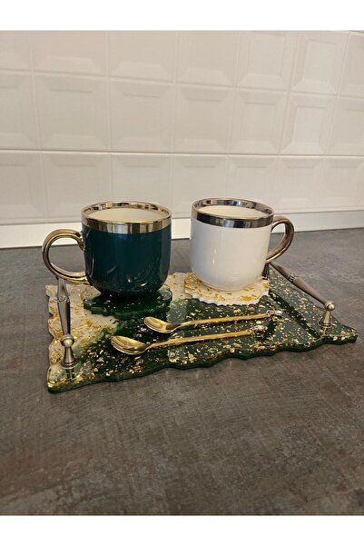 SART Creative Epoxy Serving Tray Set with Cups, Stand and Spoons - 30x18 Cm