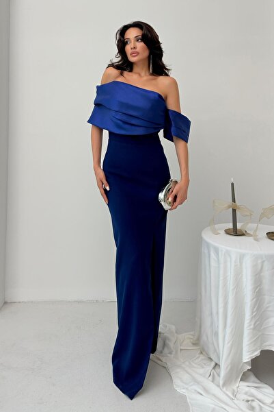 Serica Moda Rochie de seară cu decolteu în albastru închis, cu detaliu de gul...