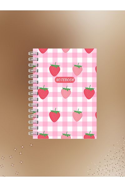 Ez&Tu Stıcker Strawberry Patterned Checkerboard Cover Notebook – 60 Sheets / 120 Pages – Lined Wire Spiral