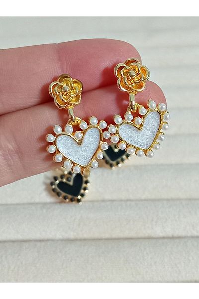mos&more Gold White Enamel Heart Dangle Small Women's Earrings