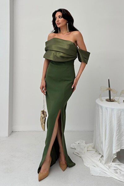 Serica Moda Khaki Collar Detailed Slit Evening Dress