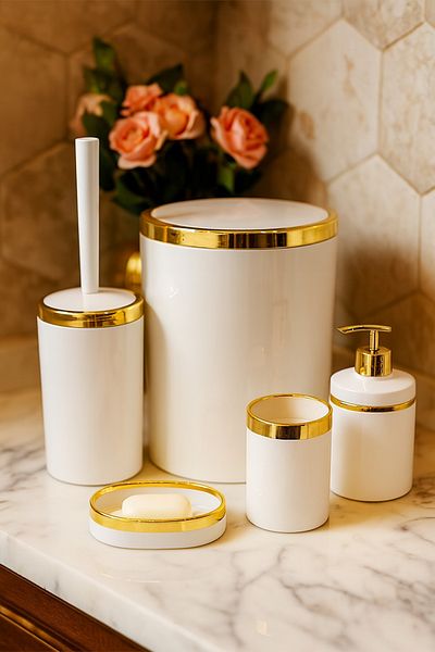 MAKRİ HOME 5 Piece Acrylic Bathroom Set, Stylish and High Quality Acrylic, Gold Color Detail, White