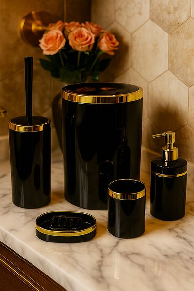 MAKRİ HOME 5 Piece Acrylic Bathroom Set, Stylish and High Quality Acrylic, Gold Color Detail, Black