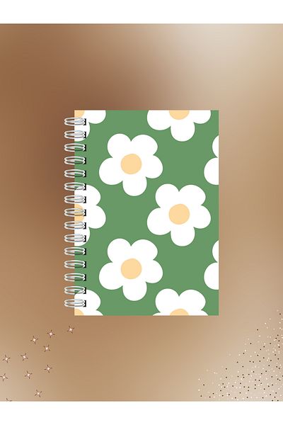 Ez&Tu Stıcker Daisy Patterned Notebook with Green Background – 60 Sheets / 120 Pages – Lined Wire Spiral
