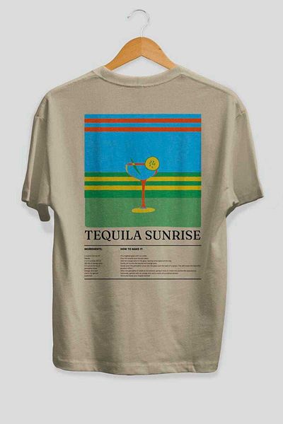 Ankhises Tequila Sunrise Cocktail Back Printed Oversize T-Shirt Men Women Cotton Crewneck Tshirt