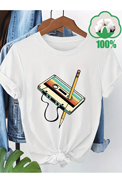 İSMTEXS - تي شيرت من القطن الممشط مطبوع عليه كاسيت بأكمام قصيرة للجنسين من Ze...