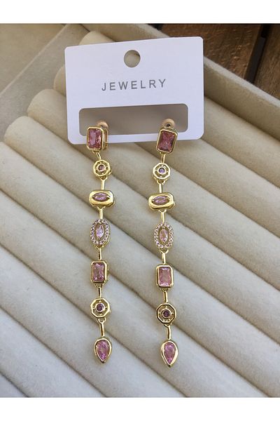 GUNESTAKI Gold Pink Colored Stone Geometric Model Zircon Earrings