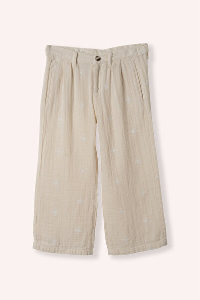 Panço Kız Çocuk Etnik Nakışlı Müslin Bej Pantolon