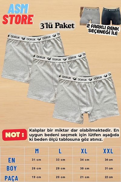 Doruk Men's Boxer 3 Pack 100% Cotton Combed Comfortable Stretchy Grey-Black Underwear