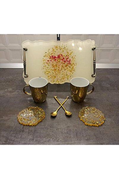 SART Creative Epoxy Serving Tray Set with Cups, Stand and Spoons - 35x21 Cm