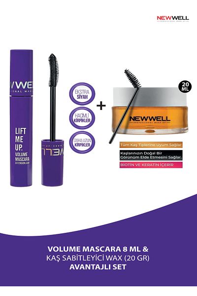 New Well Lift Me up Volume Mascara 8 ml & Eyebrow Fixing Wax (20 Gr) Advantageous Set