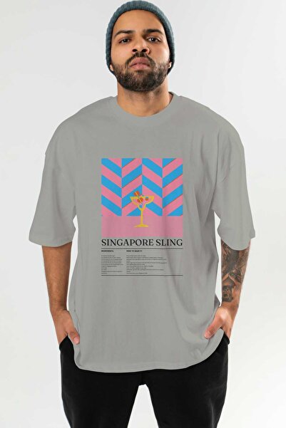 Ankhises تي شيرت سنغافوري سلينج كوكتيل مطبوع من الأمام مقاس كبير للرجال والنس...
