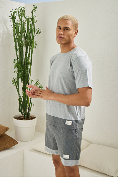 İpek Men's Short Sleeve O Neck 100% Cotton Shorts Pajamas Set