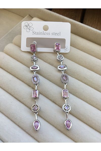 GUNESTAKI Silver Pink Colored Stone Geometric Model Zircon Earrings