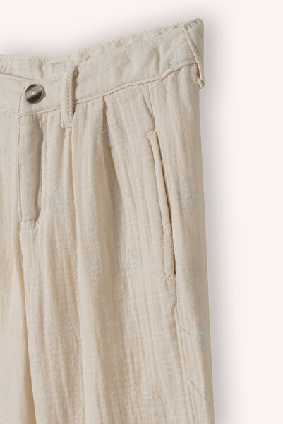 Panço Kız Çocuk Etnik Nakışlı Müslin Bej Pantolon