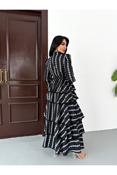 elegantwoman فستان كريب دانتيل أسود متعدد الطبقات وواسع وطويل للنساء