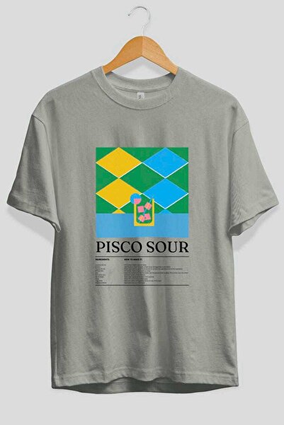 Ankhises Pisco Sour Cocktail μπροστινό εμπριμέ μπλουζάκι Oversize Ανδρικό Γυναικείο Βαμβακερό μπλουζάκι με λαιμόκοψη