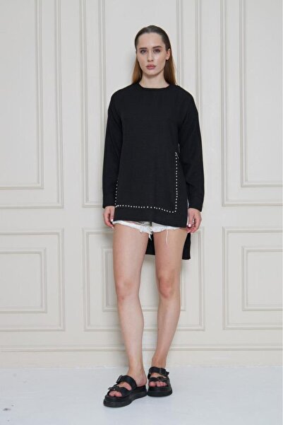 Pasaklı Giyim Γυναικείο Premium Μπαμπού Λινό Ύφασμα Μακρυμάνικο Πέρλα Διακοσμημένο Αντιιδρωτικό Μπλούζα Μαύρο 3733380