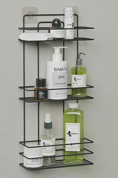 Genel Markalar 3 Katlı Yapışkanlı Duş Rafı - Siyah Metal Matkapsız, Vidasız B...