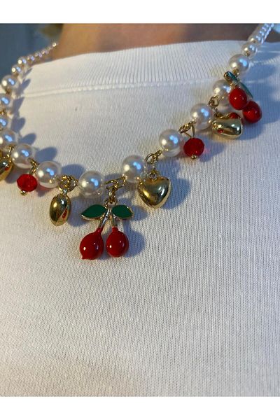 MIRADA JEWELRY Vintage Pearl Cherry and Heart Charml Necklace