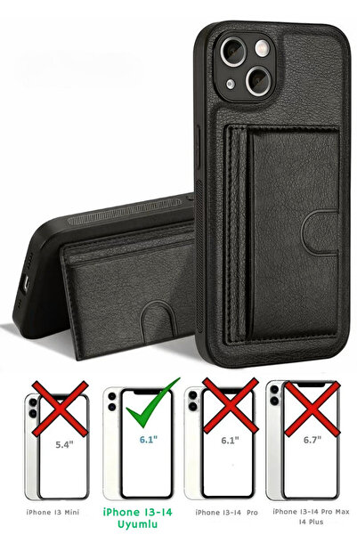 MayCap İPhone 13 Ve 14 Uyumlu Standlı Siyah Kartlıklı Kılıf Kadın Erkek Lüks ...