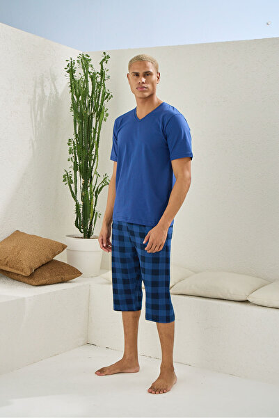 İpek Ανδρικό σετ πιτζάμες με κοντό μανίκι V λαιμόκοψη 100% βαμβακερό κάπρι