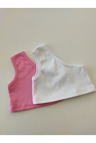 Genel Markalar Pembe ve Beyaz Kız Bebek/Çocuk/Anne Tek Omuz 2'li Crop Set Ann...