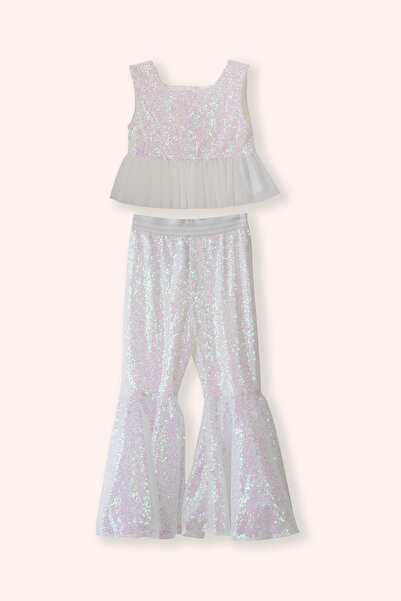 Panço Kız Çocuk Pul Payetli Beyaz Takım