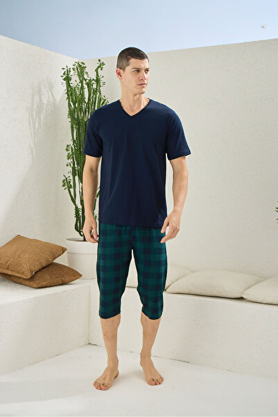 İpek Ανδρικό σετ πιτζάμες με κοντό μανίκι V λαιμόκοψη 100% βαμβακερό κάπρι
