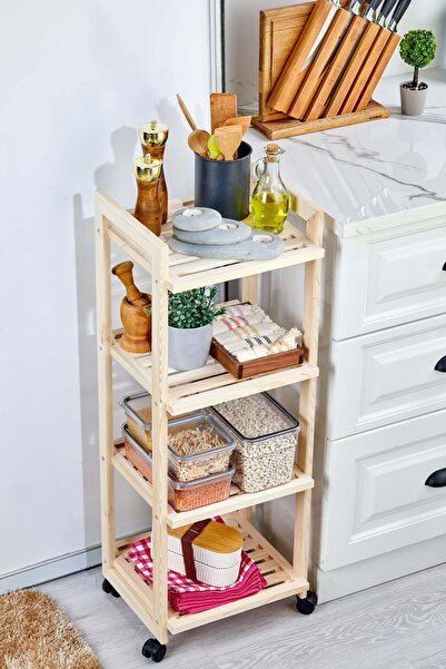 Turkco Wooden Serisi 4 Katlı Tekerlekli Doğal Ahşap Raf - Çok Amaçlı Mutfak & Banyo Düzenleyici